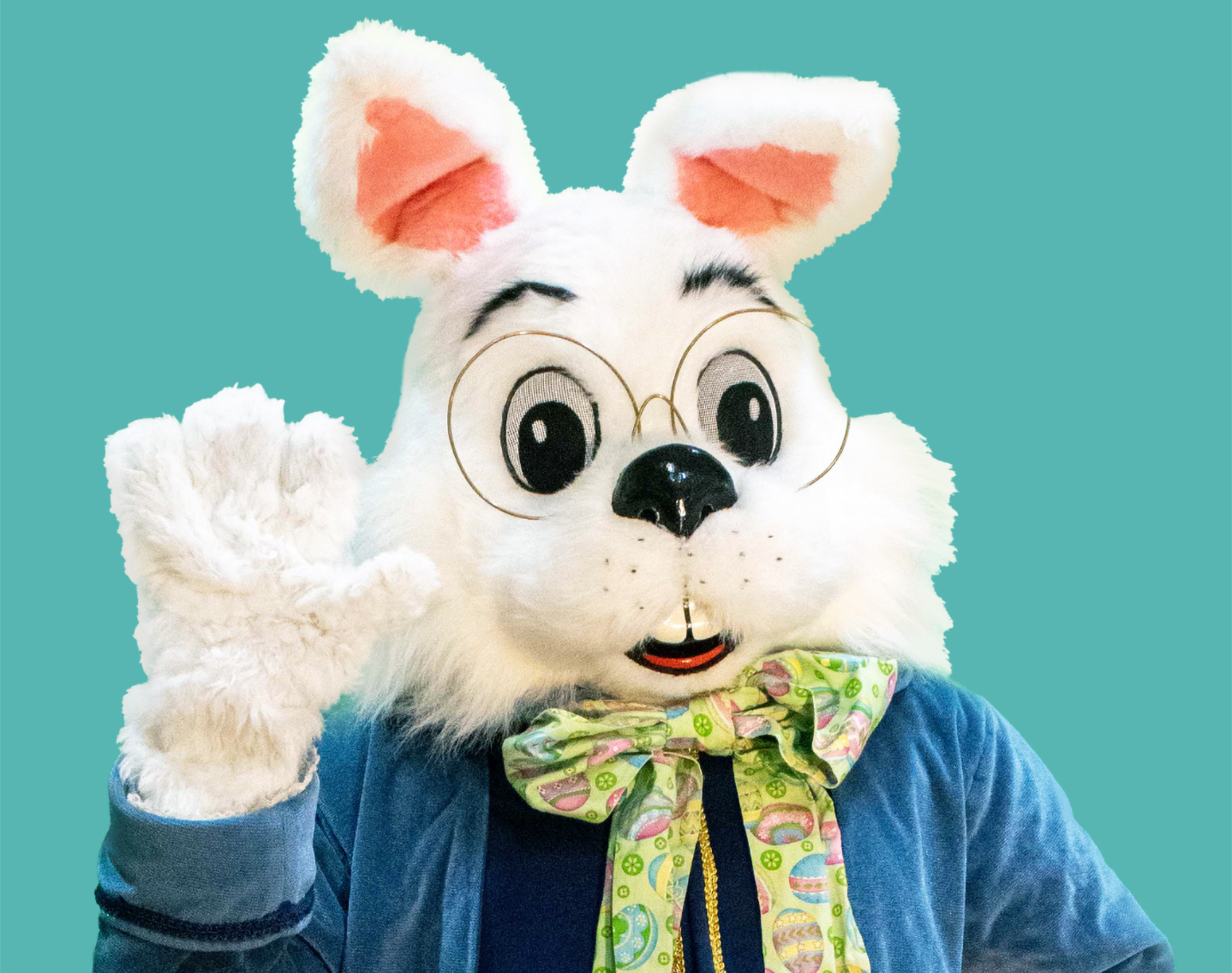 White bunny costume with glasses and a colorful bow tie waving for photos with Easter Bunny, set against a solid blue background